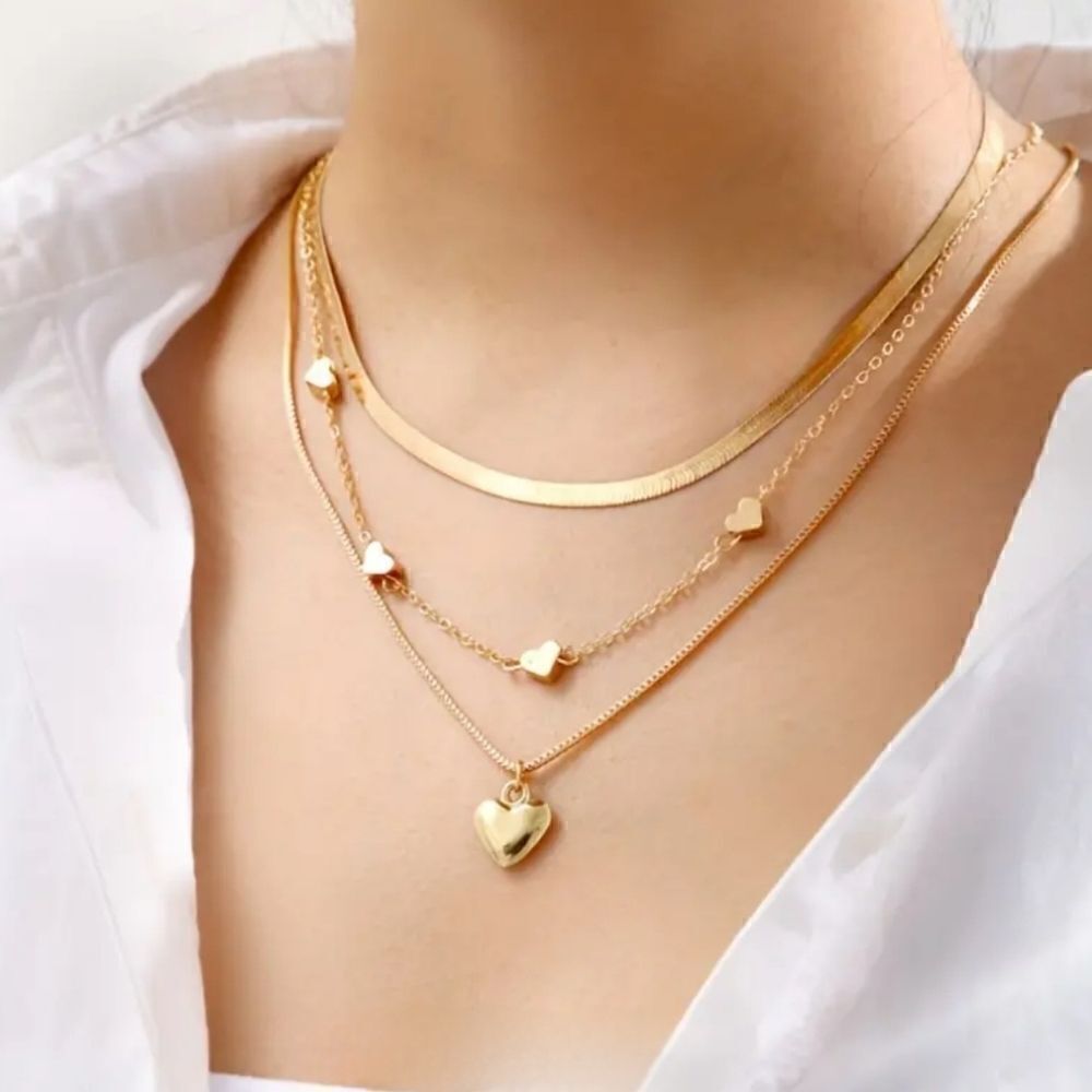 3 Pack Stainless Steel Chain Necklaces with Heart Shaped Charms  Gold Plated